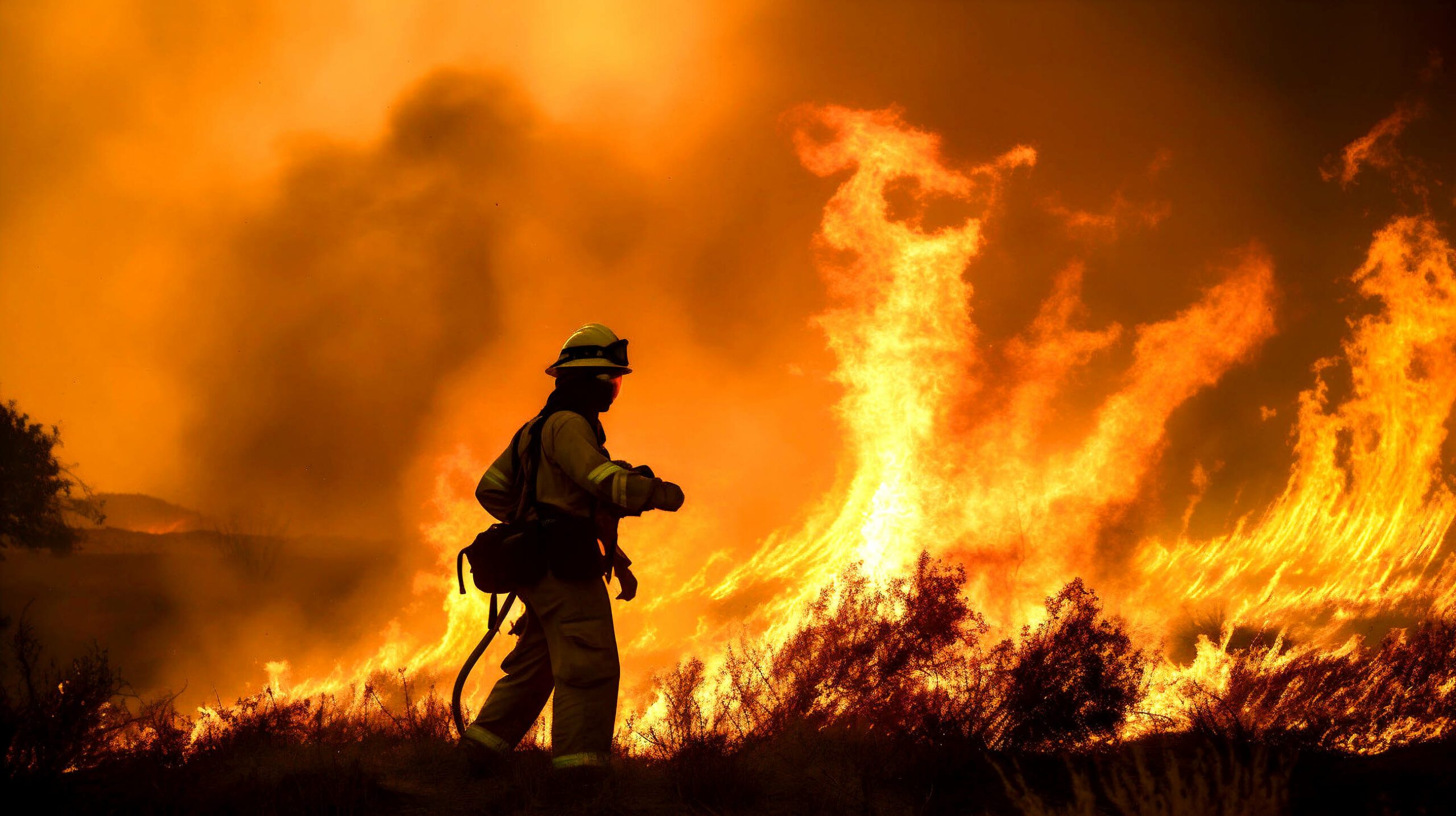 Firefighter in front of wildfire